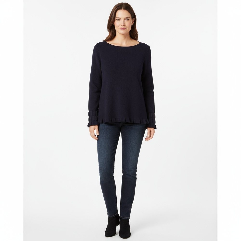 Ann Taylor Pullover Sweater Women's XXL Navy Blue Ruffle Hem Boat Neck